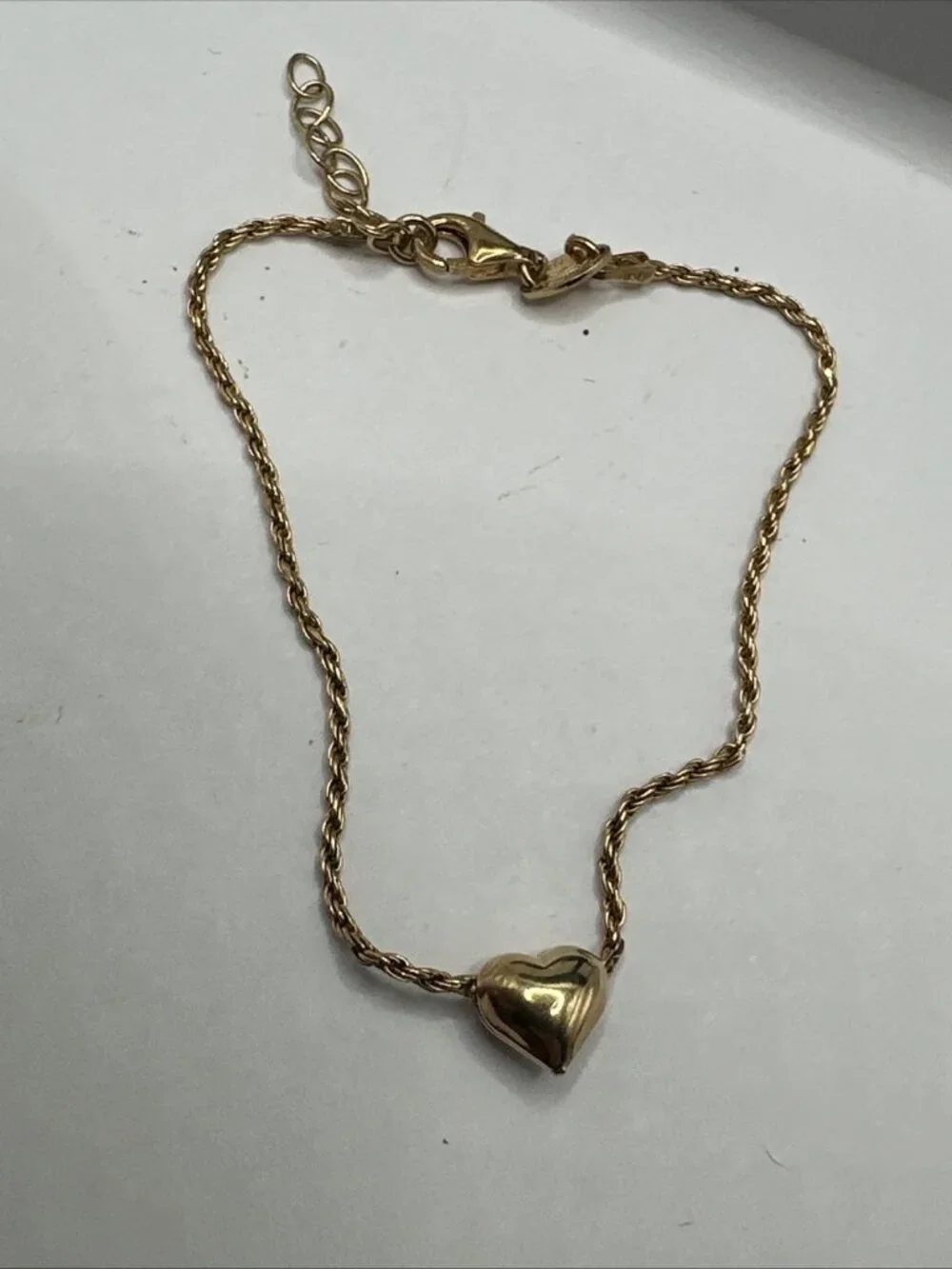 Dyadema 14k YG Plated Solid Sterling Silver Heart Charm Rope Bracelet 6.5 +1” Ex